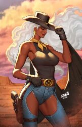  1girl alternate_costume black_gloves black_shirt blue_shorts breasts chaps closed_eyes cowboy_hat cowboy_western dark-skinned_female dark_skin david_nakayama denim denim_shorts earrings gloves gun hat hat_tip highres holster initial jewelry lightning_bolt_earrings lightning_bolt_symbol long_hair marvel medium_breasts messy_hair micro_shorts outdoors shirt shorts sleeveless sleeveless_shirt solo storm_(x-men) very_dark_skin weapon white_hair x-men 