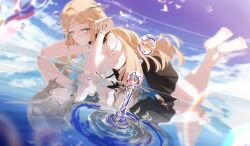  1girl absurdres bare_shoulders barefoot black_dress blonde_hair breasts cartethyia_(wuthering_waves) closed_mouth commentary crown_of_thorns different_reflection dress fleurdelys_(wuthering_waves) highres long_hair looking_at_reflection lying on_stomach parted_bangs reflection seoc_studios small_breasts smile solo tacet_mark_(wuthering_waves) the_pose wuthering_waves 