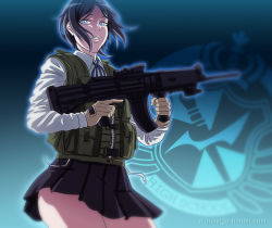  10s 1girl assault_rifle black_hair blue_eyes danganronpa:_trigger_happy_havoc danganronpa_(series) female_focus freckles gun hatoko-sama ikusaba_mukuro looking_at_viewer parted_lips rifle scope solo spoilers trigger_discipline vertical_forward_grip vest weapon 