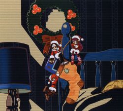 asamiya_athena brown_hair christmas christmas_ornaments christmas_stocking climbing hat highres idol kusanagi_kyou musician neogeo psycho_soldier purple_hair santa_costume santa_hat snk the_king_of_fighters yagami_iori