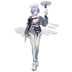  1girl arknights arm_up belt_pouch blue_hair carabiner closed_mouth crop_top detached_wings drone gloves grey_eyes grey_jacket gun hair_between_eyes halo head_tilt holding holding_gun holding_weapon holster jacket light_blue_hair looking_at_viewer official_art oguchi open_clothes open_jacket pale_skin pants pouch shoes short_hair smile sneakers solo spuria_(arknights) standing strap tank_top transparent_background weapon white_gloves white_pants wings  rating:General score:4 user:Moonbase