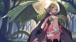  1girl bow closed_mouth commentary dragon_girl dragon_tail dragon_wings fire_emblem fire_emblem_awakening forest green_hair highres long_hair nature navel nintendo nowi_(fire_emblem) outdoors pink_bow purple_eyes rod_langhi smile solo standing tail tree wings  rating:General score:13 user:danbooru