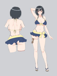  1girl absurdres arm_behind_head arm_up ass back backboob bikini bikini_skirt black_hair blue_bikini blush breasts cleavage commentary_request cowboy_shot from_behind full_body grey_background halterneck highleg highleg_bikini highres kantai_collection large_breasts legs looking_at_viewer multiple_views navel odachu red_eyes sandals short_hair sidelocks smile stomach straight-on sunglasses swimsuit takao_(kancolle) thigh_strap toes underboob unworn_eyewear 