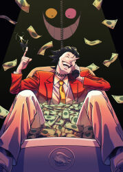  1boy bathtub black_hair car_keys closed_eyes collared_shirt colored_skin commentary corded_phone deltarune english_commentary falling_money hei3355 highres holding holding_phone jacket keyring male_focus necktie pants phone pile_of_money pointy_nose red_jacket shirt shoes smile spamton_g._spamton spamton_g._spamton_(big_shot) spotlight teeth white_pants white_shirt white_shoes white_skin yellow_necktie 
