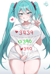  1girl absurdres aqua_eyes aqua_hair aqua_nails blush breasts closed_mouth collarbone commentary curvy fingernails gradient_background hair_between_eyes hatsune_miku heart highres huge_breasts large_breasts like_and_retweet long_hair looking_at_viewer nail_polish shirt shirt_tug short_sleeves signature simple_background smile solo spoken_heart t-shirt thick_thighs thighs todalbok106 tongue tongue_out twintails twitter_cutting_game twitter_strip_game vocaloid w white_background white_shirt wide_hips  rating:Sensitive score:17 user:danbooru