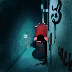 1girl black_hair blue_eyes commentary congming33 english_commentary highres indoors long_hair original solo toilet very_long_hair rating:Sensitive score:4 user:danbooru