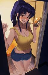 1girl arm_support armpits bare_arms blue_shorts blush breasts can cleavage collarbone crop_top cutoffs denim denim_shorts doorway drink entrance feet_out_of_frame grin highres holding holding_drink katsuragi_misato leg_up long_hair looking_at_viewer medium_breasts midriff nasubin_(nasubisamurai15) navel neon_genesis_evangelion open_fly parted_bangs ponytail purple_eyes purple_hair short_shorts shorts sidelocks smile solo standing standing_on_one_leg strap_slip tank_top teeth thighs tile_floor tiles wooden_floor yellow_tank_top rating:Sensitive score:49 user:danbooru