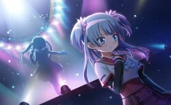  2girls artist_request black_sleeves blue_bow blue_bowtie blue_eyes blue_hair bow bowtie breast_pocket buttons closed_mouth dot_nose dress expressionless faceless faceless_female flower fumino_sayuki game_cg gloves hair_flower hair_ornament hand_on_own_chest high-waist_skirt highres holding holding_microphone idol kamihama_university_affiliated_school_uniform layered_sleeves light_blush light_frown light_particles long_hair long_sleeves looking_ahead magia_record:_mahou_shoujo_madoka_magica_gaiden mahou_shoujo_madoka_magica mahou_shoujo_madoka_magica_magia_exedra microphone minami_rena miniskirt multiple_girls music night night_sky official_art open_mouth outdoors outstretched_hand pink_flower plaid_bow plaid_bowtie plaid_clothes plaid_skirt pleated_dress pocket red_sash red_skirt sash school_uniform shirt short_dress short_over_long_sleeves short_sleeves silhouette singing skirt sky sleeves_past_wrists smile spotlight stage stage_lights standing tsurime twintails two_side_up white_shirt 
