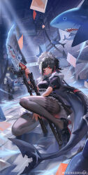  1boy 1girl absurdres arm_up bad_perspective belt between_legs black_belt black_footwear black_hair black_pantyhose closed_mouth ellen_joe fins fish_tail hand_between_legs highres holding holding_weapon indoors light_rays looking_to_the_side maid_headdress making-of_available maoqiu_gungun_lai_berriiiq mary_janes medium_hair on_one_knee pantyhose puffy_short_sleeves puffy_sleeves reflective_floor shark shark_tail shoes short_sleeves sideways_glance solo_focus sunbeam sunlight swept_bangs tail thighs two-handed von_lycaon warehouse weapon weapon_request wide_shot zenless_zone_zero 