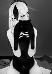 1girl absurdres animal barefoot blue_archive blush cat earclip feet fingernails greyscale hair_between_eyes halo highres holding holding_animal holding_cat horns kayoko_(blue_archive) looking_at_viewer low_wings monochrome negiuma nude single_wing sitting two_side_up unworn_clothes wariza wings rating:Sensitive score:40 user:danbooru