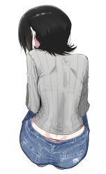  1girl absurdres ass black_hair bra_visible_through_clothes cropped_legs denim facing_away from_behind highres jeans long_sleeves original pants ribbed_shirt ribbed_sweater see-through_clothes shirt solo sweater syhan underwear white_background 