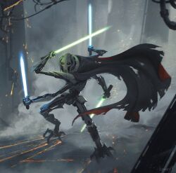  1boy absurdres black_cape cable cape colored_sclera commentary commission cyborg energy_sword english_commentary extra_arms fighting_stance film_grain general_grievous highres holding holding_sword holding_weapon icemarv14 lightsaber looking_at_viewer male_focus quadruple_wielding smoke solo sparks standing star_wars sword torn_cape torn_clothes weapon yellow_sclera 