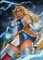 1girl ahoge american_flag american_flag_print blonde_hair blue_eyes boots breasts cleavage clothing_cutout commission domino_mask earrings elbow_gloves electricity electrokinesis eye_mask fingerless_gloves flag_print gloves gold_bow jewelry kamen_america kamen_america_(comic) large_breasts leotard long_hair looking_at_viewer mask open_mouth patriotism rgate second-party_source smile solo star_(symbol) star_cutout star_earrings striped_clothes striped_footwear superhero_costume vertical-striped_footwear