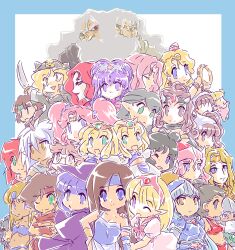  6+girls armor baby beard bikini_armor black_hair blonde_hair blue_eyes bracelet breasts brown_eyes brown_hair captain_nora character_request cleavage commentary_request crossed_arms diane_(monster_maker) earrings facial_hair glasses gloves green_eyes grey_hair hat highres holding holding_sword holding_weapon instrument jewelry lorien_(monster_maker) mirienu_(monster_maker) monster_maker multiple_boys multiple_girls navel nimrem_(monster_maker) okuri_ookami one_eye_closed open_mouth orange_eyes pink_hair pointy_ears purple_eyes purple_hair red_eyes red_hair rufia_(monster_maker) smile sword tambourine twintails veena_(monster_maker) weapon white_hair witch_hat 