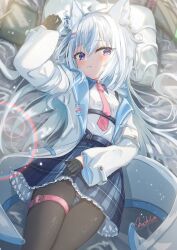  1girl animal_ear_fluff animal_ears artist_name belt black_gloves black_pantyhose blue_skirt blush cat_ears cat_girl character_request closed_mouth coat commentary_request fang frilled_skirt frills gloves grey_hair hair_between_eyes hair_ornament hairclip head_on_pillow highres long_hair long_sleeves looking_at_viewer lying mashilon miniskirt necktie nintendo_switch on_back open_clothes open_coat original panties panties_under_pantyhose pantyhose pantyshot pillow pink_necktie plaid_clothes plaid_skirt purple_eyes shirt skirt thigh_belt thigh_gap thigh_strap underwear white_coat white_shirt 