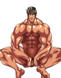 1boy bara barefoot flaccid male_focus muscular penis rabbit_(pixiv744412) sitting smile solo tagme 