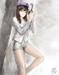  1girl against_wall eden_hunter female_focus genie_(song) girls&#039;_generation gun handgun hat military military_uniform naval_uniform pistol real_life short_shorts shorts sm_entertainment solo sunny_(girls&#039;_generation) weapon 