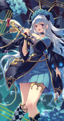  1girl absurdres animal_ears asymmetrical_legwear bare_shoulders black_dress blush breasts charm_(object) checkered_background checkered_clothes checkered_legwear collarbone dress duel_monster frilled_hat frills gold_thighhighs hat highres holding holding_charm kanzakietc large_breasts long_hair long_sleeves maliss_&lt;p&gt;_march_hare open_mouth pink_eyes rabbit_ears rabbit_girl smile solo spade_(shape) spade_tattoo strapless strapless_dress tattoo wide_sleeves yu-gi-oh! 