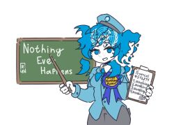  1girl award_ribbon badge blue_bow blue_bowtie blue_coat blue_eyes blue_hair bow bowtie brown_pants chalkboard clipboard coat collar english_text hat high_collar holding holding_clipboard holding_stick long_hair long_sleeves military_hat nothing_ever_happens open_mouth pants personification simple_background stick teacher trun2554 united_nations united_nations_flag white_background white_collar 