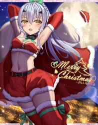  1girl absurdres armpits arms_up blush boots breasts fate/grand_order fate_(series) highres holding holding_sack long_hair looking_at_viewer melusine_(fate) merry_christmas midriff moon navel open_mouth red_skirt sack santa_costume skirt small_breasts solo thigh_boots toukan white_hair yellow_eyes 