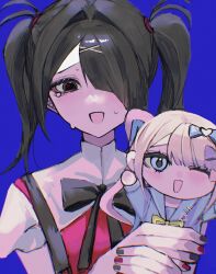  1girl ame-chan_(needy_girl_overdose) arms_up black_ribbon blue_background blue_eyes blue_serafuku blue_shirt bow brown_hair chouzetsusaikawa_tenshi-chan hair_bow hair_ornament hair_over_one_eye hair_tie hairclip highres holding holding_stuffed_toy looking_at_viewer multiple_hair_bows nail_polish neck_ribbon needy_girl_overdose open_mouth pao_(i_loxe_u) red_eyes red_shirt ribbon school_uniform serafuku shirt smile stuffed_toy suspenders sweat twintails yellow_ribbon 