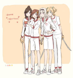  4girls aijou_karen arm_at_side black_hairband blonde_hair brown_hair cellphone chinese_commentary closed_mouth commentary_request crown_hair_ornament daiba_nana dual_wielding full-length_zipper green_eyes green_ribbon hair_ribbon hairband hand_on_own_chin hand_on_own_stomach high_ponytail highres holding holding_phone holding_sword holding_weapon invisible_floor jacket katana lamey20555281 long_hair looking_ahead looking_at_object multiple_girls open_mouth orange_background pants partially_translated phone ponytail purple_eyes purple_ribbon rapier red_eyes ribbon saijou_claudine short_hair shorts shoujo_kageki_revue_starlight smartphone sweatdrop sword tendou_maya track_jacket track_pants track_suit translation_request two-tone_background two_side_up weapon white_background white_jacket white_pants white_shorts zipper zipper_pull_tab 