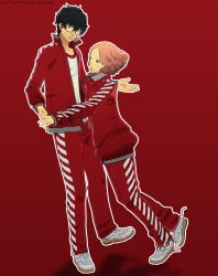  1boy 1girl absurdres amamiya_ren artist_name black_hair blush commentary commission english_commentary fluffy_hair glasses highres imminent_hug okumura_haru persona persona_5 personaparadise pink_hair red_background simple_background surprised track_suit watermark 