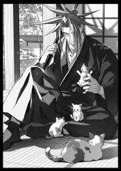  architecture bara cat copyright_request east_asian_architecture fate/grand_order fate_(series) greyscale hakama holding holding_sword holding_weapon japanese_clothes katana long_hair male_focus monochrome multi-tied_hair multiple_cats muscular muscular_male red_hair renga2250 sword tanaka_shinbei_(fate) weapon 