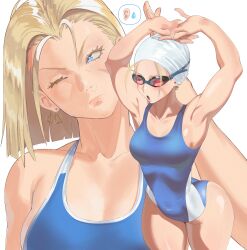  1girl absurdres antenna_hair arched_back arms_up ass blonde_hair blue_one-piece_swimsuit breasts cammy_stretch_(meme) cammy_white caprara commentary competition_swimsuit covered_navel earrings english_commentary facial_scar goggles gold_earrings highres interlocked_fingers jewelry medium_breasts meme narrow_waist one-piece_swimsuit one_eye_closed red-tinted_eyewear scar scar_on_cheek scar_on_face short_hair sideboob solo street_fighter street_fighter_6 swim_cap swim_goggles swimsuit tinted_eyewear triangle_earrings 