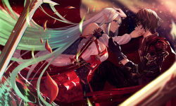  1boy 1girl bad_id bad_pixiv_id bare_shoulders black_gloves black_hair blood blood_on_face blue_eyes blurry breasts cape cleavage comforting couple crying crying_with_eyes_open depth_of_field detached_sleeves dress elf from_side gloves gradient_hair green_hair headpat hetero large_breasts long_hair long_sleeves multicolored_hair original petals planted planted_sword planted_weapon pointy_ears profile red_eyes red_hair shiodango short_hair sidelocks silver_hair sword tears very_long_hair water weapon 