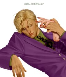  1boy black_necktie blonde_hair blood blue_eyes cheekbones commentary diamond_wa_kudakenai disembodied_hand english_commentary fingernails formal_clothes green_shirt hand_grab highres holding_hands injury jacket jojo_no_kimyou_na_bouken josela_ferreyra kira_yoshikage lying male_focus nail_polish necktie pinstripe_pattern pinstripe_shirt purple_jacket red_nails severed_limb shirt short_hair striped_clothes striped_shirt suit white_background 