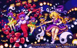  6+girls blonde_hair bow cometsummonerwitch commentary commission danmaku dress english_commentary gohei green_bow hair_bow hakurei_reimu hakurei_reimu_(pc-98) hat hat_bow holding holding_gohei japanese_clothes kirisame_marisa kirisame_marisa_(pc-98) lotus_land_story multiple_girls orb pixel_art pixiv_commission purple_bow purple_dress purple_hair red_bow rengeteki_(touhou) touhou touhou_(pc-98) yellow_dress yin_yang yin_yang_orb 