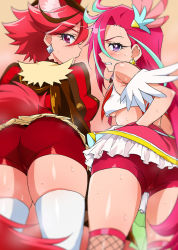 2girls ass bad_id bad_pixiv_id blush breasts clenched_teeth cure_chocolat cure_flamingo eyelashes highres kenjou_akira kirakira_precure_a_la_mode long_hair looking_at_viewer looking_back mucha_(muchakai) multicolored_hair multiple_girls pink_hair precure purple_eyes red_eyes red_hair short_hair small_breasts sweatdrop takizawa_asuka teeth thighhighs tropical-rouge!_precure underboob very_long_hair white_legwear rating:Sensitive score:85 user:creck