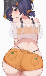  1girl ass belle_(zenless_zone_zero) bitseon commentary from_behind green_eyes grey_background highres looking_at_viewer looking_back see-through_clothes shorts simple_background solo white_background zenless_zone_zero 