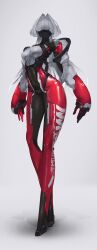  absurdres armor blunt_bangs bodysuit breasts chest_harness covered_erect_nipples covered_navel detached_sleeves echanis_enicha gloves hair_intakes hair_over_eyes harness highres long_hair mechanical_legs medium_breasts original pauldrons perky_breasts red_lips shoulder_armor standing thighs very_long_hair white_background white_hair 