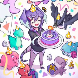 1girl ^_^ artist_logo balloon birthday birthday_cake black_shirt black_shoes braid breath_weapon breathing_fire cake candle closed_eyes commentary crescent_balloon dragoon_(selen_tatsuki) ember_(selen_tatsuki) english_commentary fangs fire flower food full_body grey_pants hair_ornament hairclip hat head_wings highres holding holding_cake holding_food logo long_hair long_sleeves mat_(matdesenheiro) muzzle_(mask) nijisanji nijisanji_en open_mouth pants party_hat purple_hair selen_tatsuki selen_tatsuki_(1st_costume) shirt shoes simple_background smile solo_focus star_balloon tail twin_braids untucked_shirt virtual_youtuber white_background wings 
