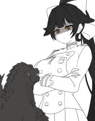  1girl aiguillette alternate_size angry azur_lane blush bow breasts buttons closed_mouth commentary_request crossed_arms crossover epaulettes extra_ears fingernails from_behind frown glaring godzilla godzilla_(minus_one) godzilla_(series) godzilla_minus_one green_eyes hair_bow hair_ears hair_flaps height_difference highres ibuki_(tulta_icon) kaiju large_breasts long_hair long_sleeves looking_down looking_up medal military_uniform monochrome pleated_skirt ponytail shaded_face sharp_teeth simple_background skirt spines sweatdrop takao_(azur_lane) teeth toho very_long_tail white_background 