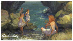 4girls alphonse_(white_datura) bare_shoulders barefoot blonde_hair bow braid brown_eyes brown_hair chromatic_aberration clothes_lift day dress dress_lift english_text glasses hair_bow hair_over_shoulder hairband highres lifting_own_clothes long_hair looking_at_another looking_at_viewer looking_away multiple_girls open_mouth original outdoors red-framed_eyewear rock see-through_clothes short_hair sitting skirt_hold smile standing strapless strapless_dress water white_dress wind rating:Questionable score:86 user:danbooru