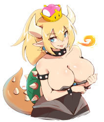  1girl armlet bare_shoulders black_dress blonde_hair blue_eyes blush bowsette bracelet breasts breath_weapon breathing_fire cleavage collar crown dress earrings fang female_focus fire highres horns jewelry large_breasts long_hair looking_at_viewer mario_(series) new_super_mario_bros._u_deluxe nintendo open_mouth pointy_ears simple_background smile sollyz solo spiked_armlet spiked_bracelet spiked_collar spiked_shell spiked_tail spikes super_crown sweat tail turtle_shell upper_body white_background  rating:Questionable score:37 user:BigStudBen