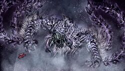  absurdres arkveld calligraphy_brush_(medium) claws curled_horns deadpool_yuchan dragon highres horns monster monster_focus monster_hunter_(series) monster_hunter_wilds no_humans open_mouth purple_eyes scales sharp_teeth signature solo teeth white_fur winged_arms wings wyvern 