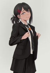  1girl black_eyes black_hair black_jacket black_necktie black_skirt chainsaw_man closed_mouth collared_shirt grey_background hair_ornament hairclip higashiyama_kobeni highres jacket necktie pochita_(chainsaw_man) ponytail shirt short_ponytail simple_background single_sidelock skirt smile solo suit_jacket ultratesla white_shirt 