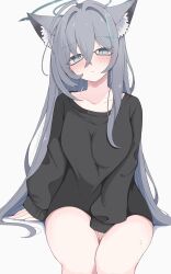  1girl absurdres ahoge alternate_costume animal_ear_fluff animal_ears aqua-framed_eyewear aqua_eyes arm_at_side bare_legs bespectacled between_legs black_halo black_sweater blue_archive blush broken_halo casual collarbone commentary_request cowboy_shot cross_hair_ornament crossed_bangs extra_ears feet_out_of_frame glasses grey_hair hair_between_eyes hair_intakes hair_ornament halo hand_between_legs highres huge_ahoge invisible_chair long_hair long_sleeves looking_at_viewer mismatched_pupils no_pants nui_(nuinui0300) parted_lips semi-rimless_eyewear shiroko_(blue_archive) shiroko_terror_(blue_archive) simple_background sitting sleeves_past_wrists slit_pupils solo straight_hair sweat sweater thighs variant_set very_long_hair white_background wolf_ears wolf_girl  rating:Sensitive score:1 user:danbooru