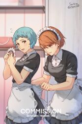  2girls apron aqua_hair bare_arms black_dress brown_eyes brown_hair closed_mouth collared_shirt commentary commission cowboy_shot dress english_commentary flying_sweatdrops frilled_hairband frills grey_eyes hair_between_eyes hairband highres holding_hairband indoors light_blush maid maid_apron maid_headdress multiple_girls official_alternate_costume open_mouth persona persona_3 shirt short_hair short_sleeves signature smile soc_nau sweatdrop takeba_yukari twitter_username tying_apron white_apron white_shirt yamagishi_fuuka  rating:General score:19 user:danbooru