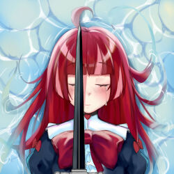  1girl black_dress blush bow closed_eyes crying dress highres holding holding_sword holding_weapon hololive hololive_indonesia kureiji_ollie large_bow lolinnez. long_hair lying_on_water multicolored_hair olivia_(kureiji_ollie) pink_hair red_bow red_hair streaked_hair sword tears virtual_youtuber weapon  rating:General score:1 user:truesword24