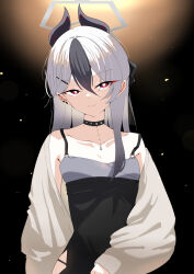  1girl absurdres black_choker black_dress black_hair black_horns blue_archive brown_jacket choker closed_mouth collarbone commentary_request demon_horns dress ear_piercing evening_gown grey_hair hair_ornament hairclip halo highres horns jacket kayoko_(blue_archive) kayoko_(dress)_(blue_archive) long_hair long_sleeves looking_at_viewer official_alternate_costume official_alternate_hairstyle piercing red_eyes smile so-ko solo standing 