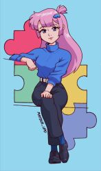  1990s_(style) black_pants black_shoes blue_socks gie-chan_(jiggie) hair_ornament high_ponytail highres jigsaw_puzzle long_hair long_sleeves looking_at_viewer mateus_upd original pants pink_hair ponytail puzzle retro_artstyle shoes sitting socks 