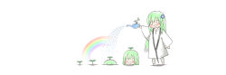  0_0 3others commentary_request enkidu_(fate) fate/strange_fake fate_(series) flower green_hair hair_flower hair_ornament holding holding_watering_can multiple_others other_focus pants plank rainbow robe watering_can white_pants white_robe yoyo_9ea 