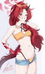  1girl bangs_pinned_back bare_arms bare_shoulders bikini blue_archive blush bracelet colored_skin denim denim_shorts dragon_girl dragon_horns dragon_tail esto_0079 grin hair_over_shoulder hairband hand_on_own_hip highres horns jewelry long_hair looking_at_viewer multicolored_skin multiple_bracelets navel official_alternate_costume official_alternate_hairstyle open_clothes open_shorts orange_hairband red_eyes red_hair red_skin renge_(blue_archive) renge_(swimsuit)_(blue_archive) shorts sidelocks single_hair_intake single_horn smile solo stomach swimsuit tail yellow_bikini 