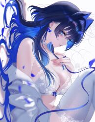  1girl 707arisu absurdres blue_eyes blue_hair bow bow_earrings bra breasts choker cleavage colored_inner_hair commentary earrings hair_intakes hand_up highres hololive hololive_english jewelry knees_up lace lace-trimmed_bra lace-trimmed_thighhighs lace_trim large_breasts long_hair looking_at_viewer multicolored_hair off_shoulder open_clothes open_shirt ouro_kronii parted_lips shirt sidelocks simple_background solo symbol-only_commentary thighhighs underwear virtual_youtuber white_background white_bra white_choker white_shirt white_thighhighs 