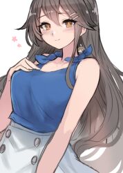  2girls animal animal_on_head bare_shoulders bird bird_on_head blue_shirt blush breasts brown_eyes brown_hair commentary_request fairy_(kancolle) flower_symbol hair_ornament hairclip hand_on_own_chest haruna_(kancolle) haruna_(lawson)_(kancolle) kantai_collection long_hair looking_at_viewer medium_breasts mini_person minigirl multiple_girls on_head on_shoulder shirt simple_background skirt sleeveless sleeveless_shirt solo_focus terrajin white_background white_skirt 
